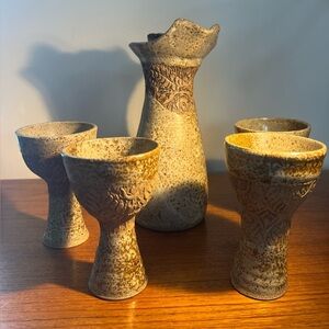 Helen Borg Wine Set Jug And 5 vintage handcrafted art pottery Goblets Unmarked